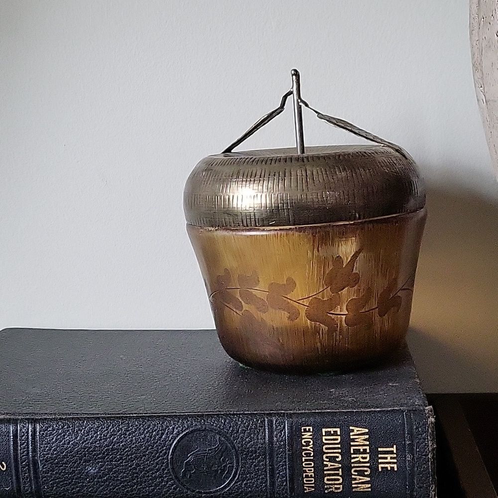 Vintage Brass & Amber Glass Apple Bowl With Lid